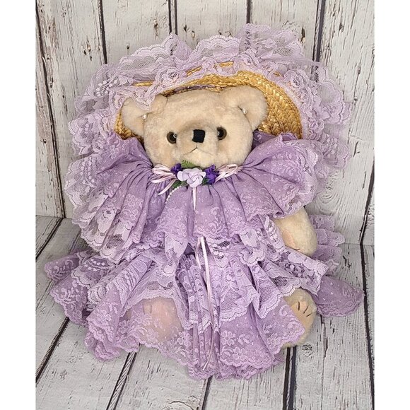 14" Vintage Kel Toy Beige Teddy Bear w/ Purple Lace Hat & Dress Plush Jointed - Picture 1 of 5